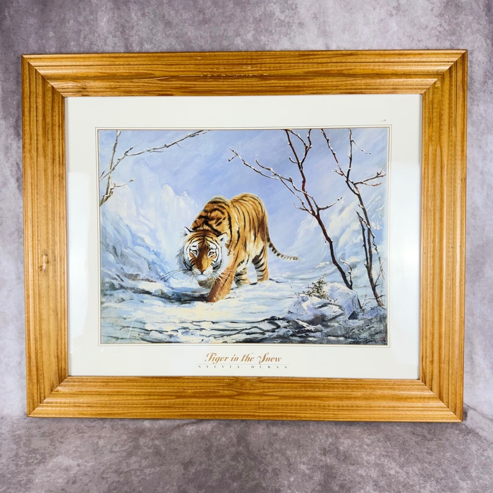 Vtg Sylvia Duran Tiger in‎ the Snow Framed Art Print Big Cat Wildlife Decor Y2K